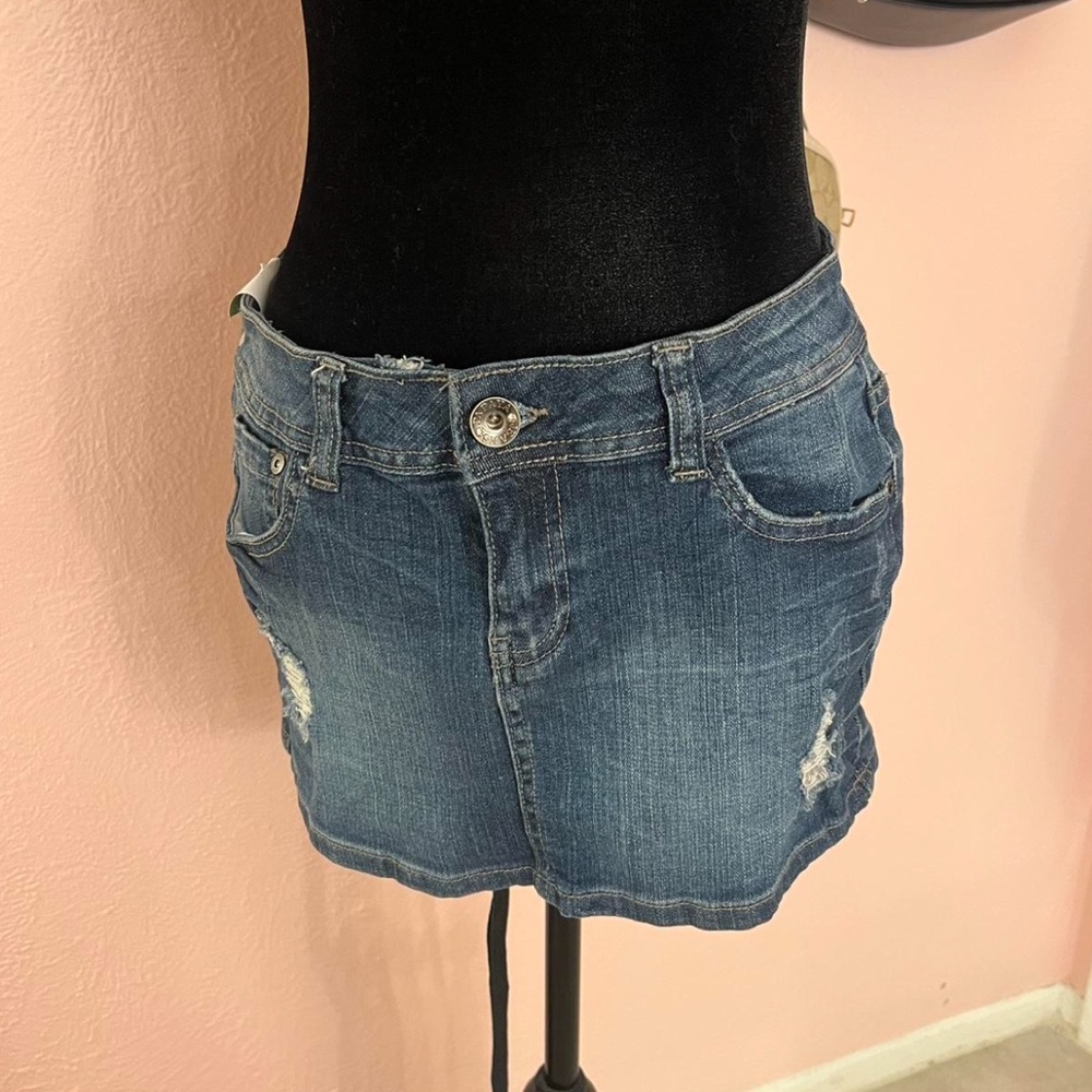 Papaya Blue Distressed Mini Skirt